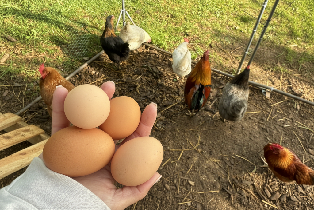 Hand with eggs and flock