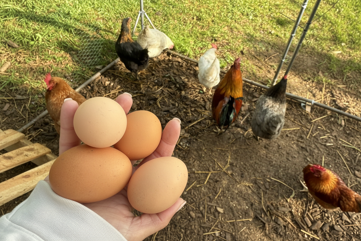 Hand with eggs and flock